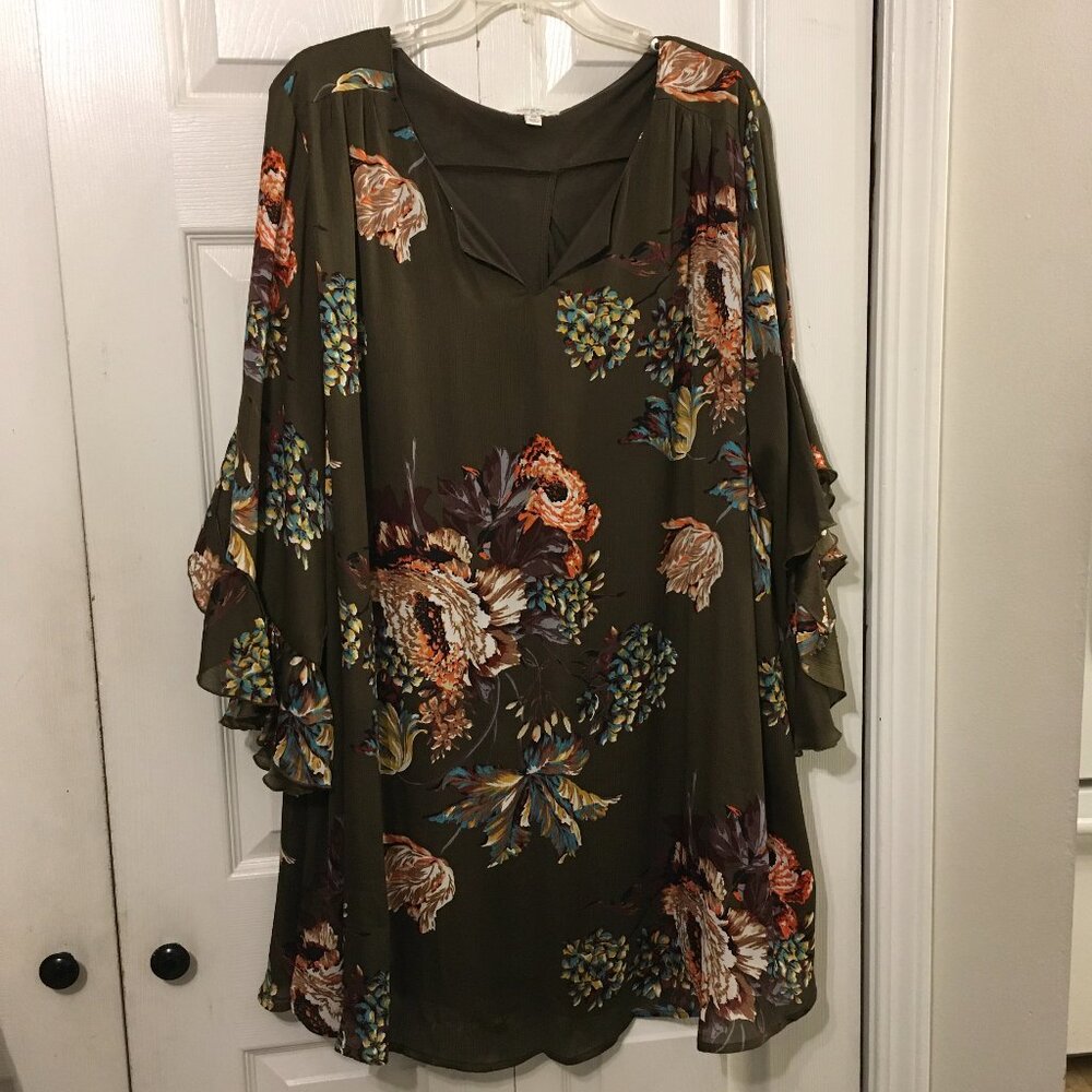 Umgee Sheer Floral Mini Dress Olive Green